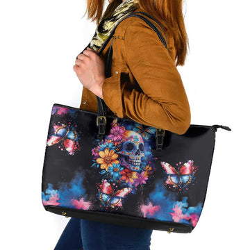 Mexican La Calaca and Butterfly Leather Tote Bag Skull Day Of The Dead LT9