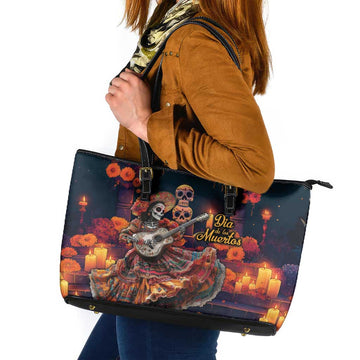 Mexican La Catrina Skeletons Dancing Leather Tote Bag Dia de Los Muertos Verion 1 LT9