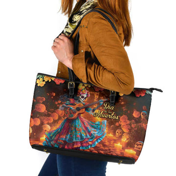 Mexican La Catrina Skeletons Dancing Leather Tote Bag Dia de Los Muertos Verion 2 LT9