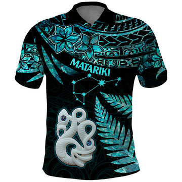 Matariki New Zealand Polo Shirt Maori Manaia with Paua Shell - Aqua LT9