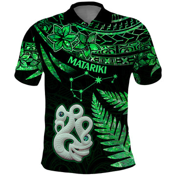 Maori Polo Shirt Matariki Stars Manaia with Paua Shell - Green LT9