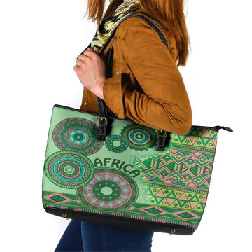 Africa Tribal Traditional Pattern Leather Tote Bag Green Motif LT9