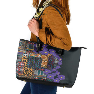 Africa Violets Flowers Leather Tote Bag Mix Native Tribal Pattern LT9