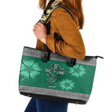 Irish Celtic Cross and Harp with Ireland Shamrock Personalized Leather Tote Bag LT9