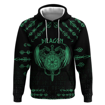 Personalized Viking Dragon Hoodie with Sword Green Scandinavian Tattoo LT9