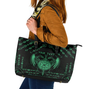 Personalized Viking Dragon Leather Tote Bag with Sword Green Scandinavian Tattoo LT9