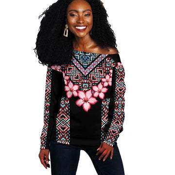 Afro Adenium Multiflorum Flowers Off Shoulder Sweater Mix Native Tribal Pattern LT9