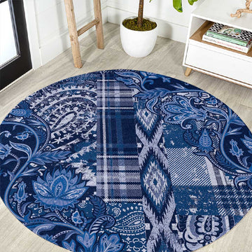 Afro Floral mix Maasai Shuka Round Carpet Blue Moitf LT9