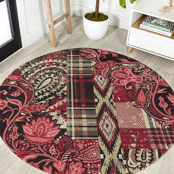 Afro Floral mix Maasai Shuka Round Carpet Red Moitf LT9