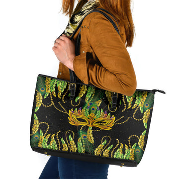 Feather Mask Mardi Gras Leather Tote Bag LT9