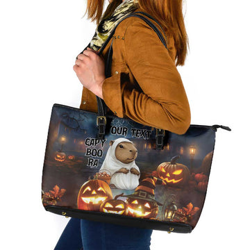 Capy-Boo-Ra Halloween Personalized Leather Tote Bag Capybara Funny Spooky Ghost LT9