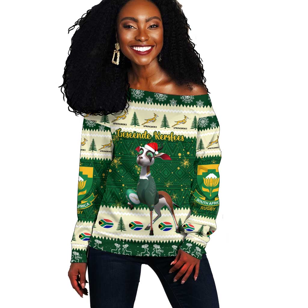 Custom South Africa Rugby Christmas Off Shoulder Sweater Geseende Kersfees Springboks African Pattern LT14