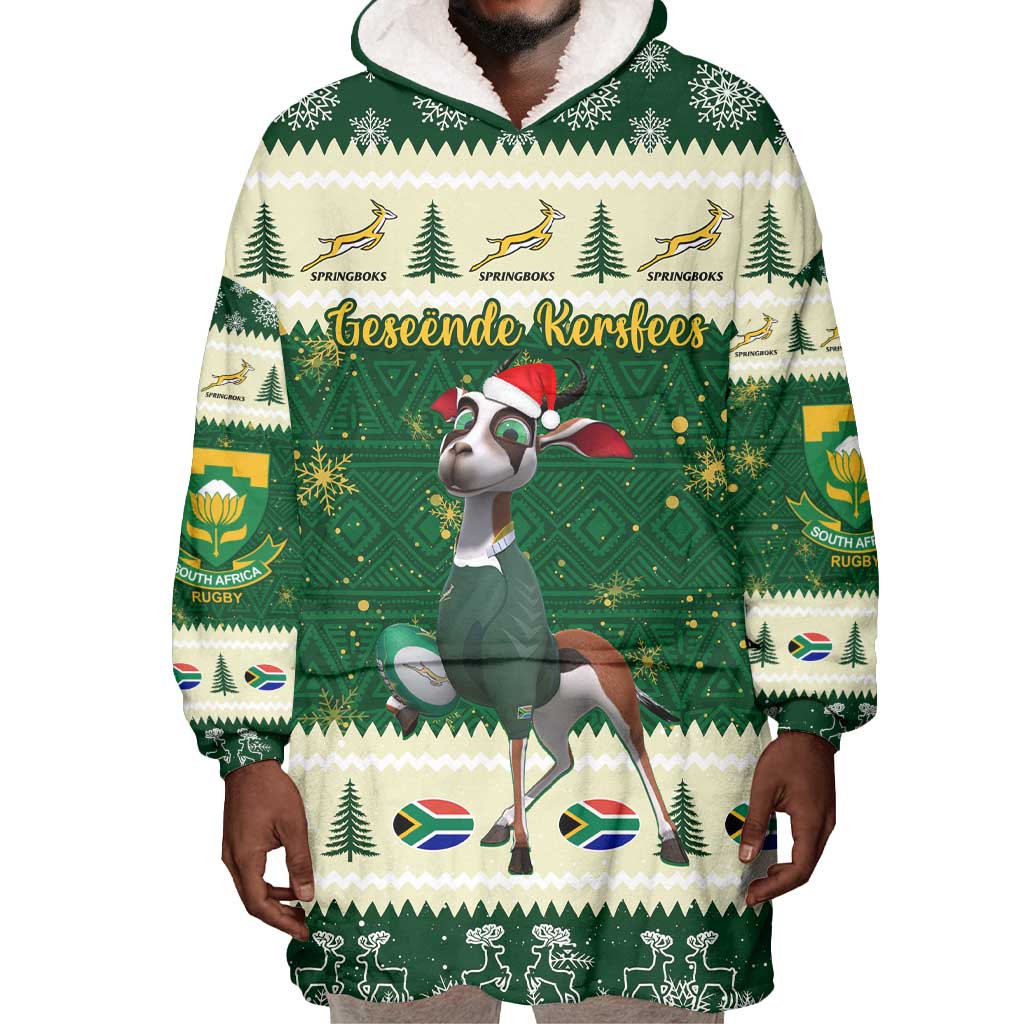 Custom South Africa Rugby Christmas Wearable Blanket Hoodie Geseende Kersfees Springboks African Pattern LT14