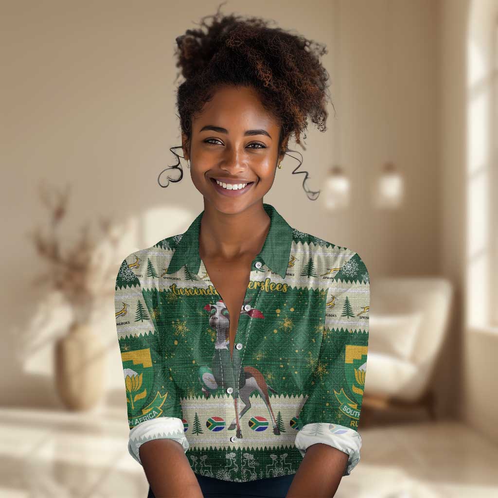 Custom South Africa Rugby Christmas Women Casual Shirt Geseende Kersfees Springboks African Pattern LT14