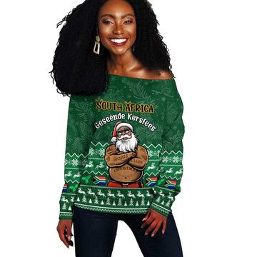 Personalised South Africa Christmas Off Shoulder Sweater Cool Santa Claus With South African Map LT14
