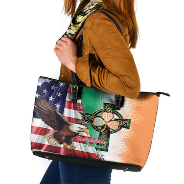 United States And Ireland Leather Tote Bag USA Eagle With Irish Celtic Cross LT14