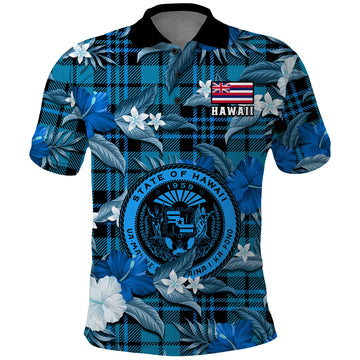 Hawaii State Polo Shirt Tropical Flowers Mix Tartan Blue Version LT14
