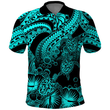 Custom Polynesian Polo Shirt Tribal Honu Turtle with Hibiscus Turquoise Version LT14