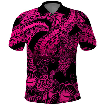 Custom Polynesian Polo Shirt Tribal Honu Turtle with Hibiscus Pink Version LT14