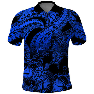 Custom Polynesian Polo Shirt Tribal Honu Turtle with Hibiscus Blue Version LT14
