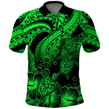 Custom Polynesian Polo Shirt Tribal Honu Turtle with Hibiscus Green Version LT14