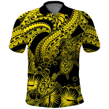 Custom Polynesian Polo Shirt Tribal Honu Turtle with Hibiscus Gold Version LT14