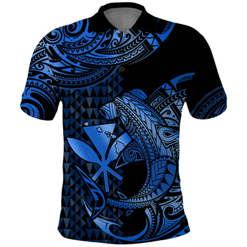 Custom Hawaii Hammerhead Shark Polynesian Tatoo Polo Shirt Polynesian Kakau With Kanaka Blue LT14