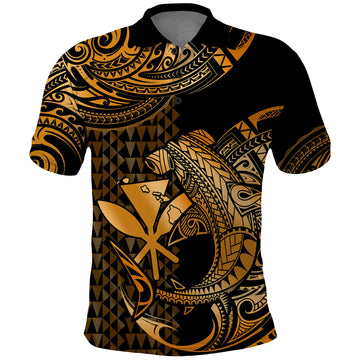 Custom Hawaii Hammerhead Shark Polynesian Tatoo Polo Shirt Polynesian Kakau With Kanaka Gold LT14