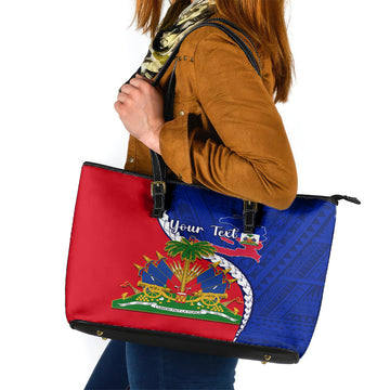 Personalised Haiti Independence Day Leather Tote Bag Ayiti National Emblem With Polynesian Pattern LT14