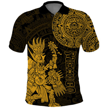 Custom Mexico Aztec Polo Shirt El Calendario Maya Mix Huitzilopochtli Gold LT14