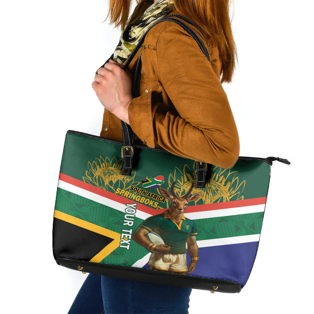 Custom South Africa Rugby Leather Tote Bag 2024 Go Springboks Mascot African Pattern LT14