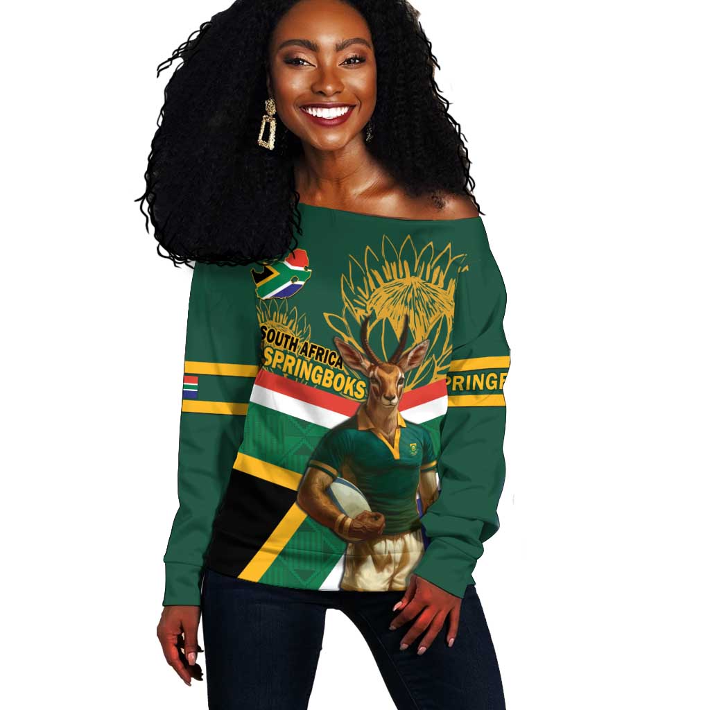 Custom South Africa Rugby Off Shoulder Sweater 2024 Go Springboks Mascot African Pattern LT14