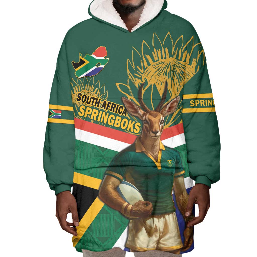 Custom South Africa Rugby Wearable Blanket Hoodie 2024 Go Springboks Mascot African Pattern LT14