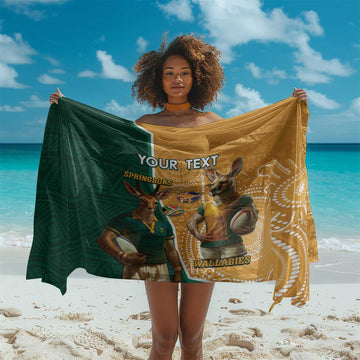 Personalised South Africa And Australia Rugby Sarong 2024 Springboks Wallabies Mascots Together LT14