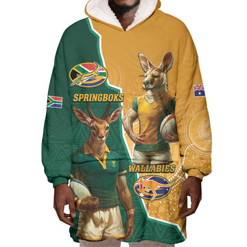 Personalised South Africa And Australia Rugby Wearable Blanket Hoodie 2024 Springboks Wallabies Mascots Together LT14