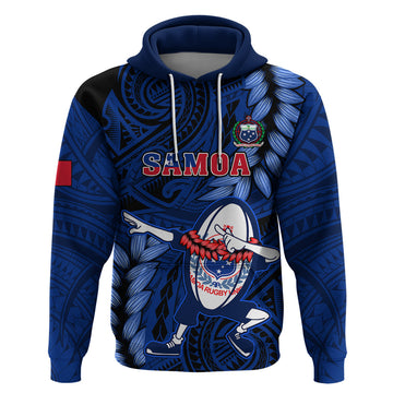 Custom Samoa Rugby Hoodie Manu Samoa Ula Fala Dabbing Ball Polynesian Blue Version LT14