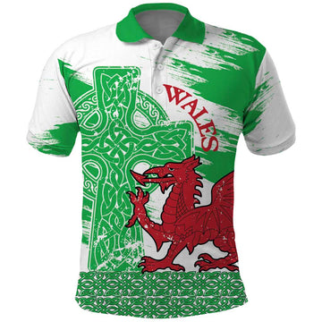 Grunge Green Wales Polo Shirt Celtic Cross Welsh Red Dragon LT14