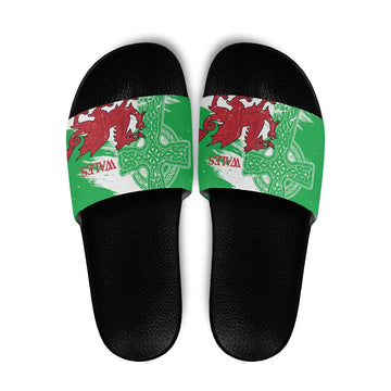 Grunge Green Wales Slide Sandals Celtic Cross Welsh Red Dragon LT14