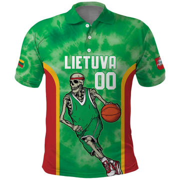 Lithuania Tie Dye Basketball Custom Polo Shirt Lietuva Skeleton Green LT14