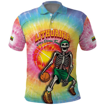 Lithuania Basketball Custom Polo Shirt 100th Anniversary Skeleton Colorful Tie Dye LT14