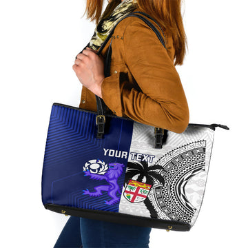 Custom Fiji And Scotland Rugby Leather Tote Bag Fijian Tapa Pattern With Thistle LT14