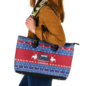 Personalised Samoa Christmas Leather Tote Bag Samoan Coat Of Arms Manuia Le Kirisimas LT14