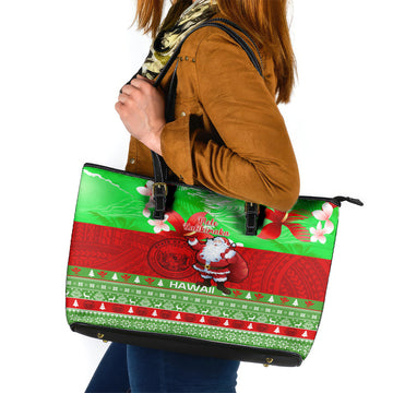 Personalised Hawaii Christmas Leather Tote Bag Mele Kalikimaka Hawaiian Santa Tropical Vibes LT14