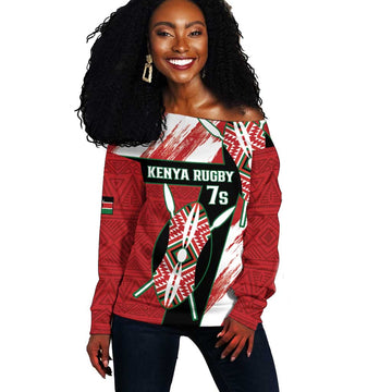 Custom Kenya Rugby Sevens Off Shoulder Sweater Maasai Shield With African Pattern LT14