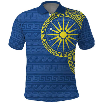 Vergina Sun Macedonia Polo Shirt Greek Pattern Blue LT14
