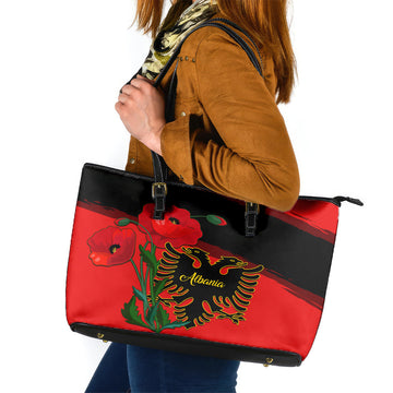 Albania Flag Day Leather Tote Bag Albanian Coat Of Arms With Red Poppy LT14