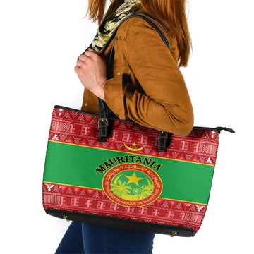 Personalised Mauritania Independence Day Leather Tote Bag Mauritanian Map Mix African Pattern LT14