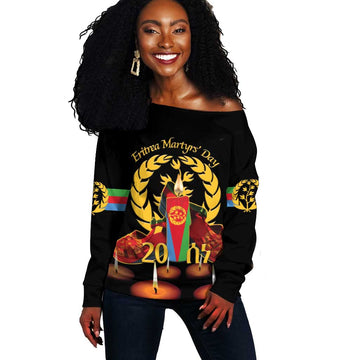 Custom Eritrea Martyrs' Day Off Shoulder Sweater 20 June Shida Shoes With Candles - Black LT14