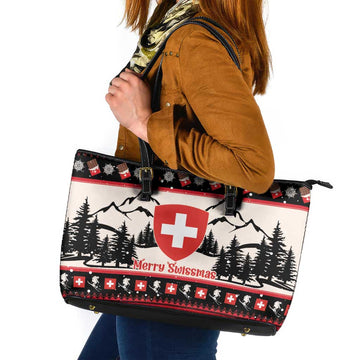 Switzerland Christmas Leather Tote Bag Merry Swissmas - Coat Of Arms Style LT14