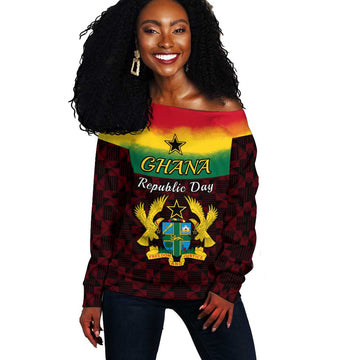 Personalised 1 July Ghana Republic Day Off Shoulder Sweater African Pattern Mix Flag Unique Style LT14